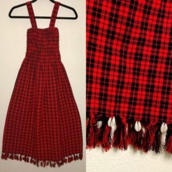 Real Seashell Fringe Hem‎ Plaid Shirring Dress Red - Picture 1 of 8